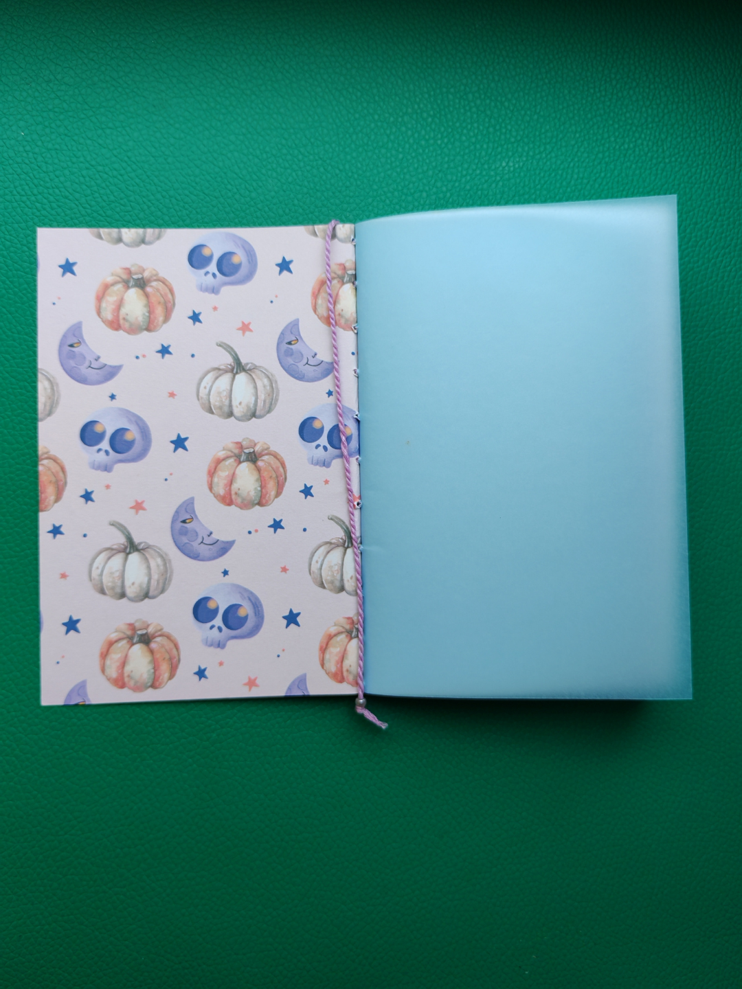 Notebook with colorful pumpkin and moon pattern on a green background
