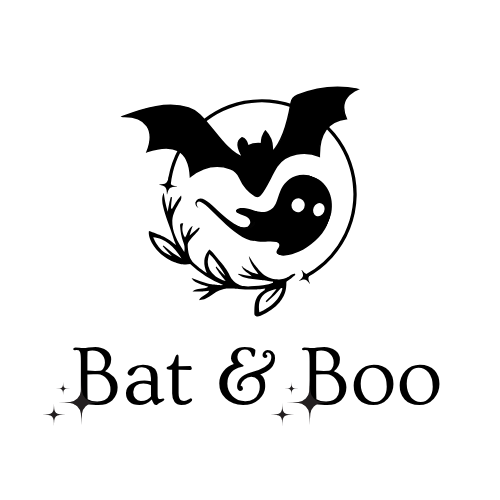 Black bat and ghost design with 'Bat & Boo' text on a white background