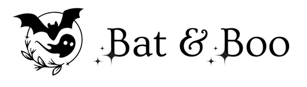 Logo with a bat and ghost design and 'Bat & Boo' text on a white background
