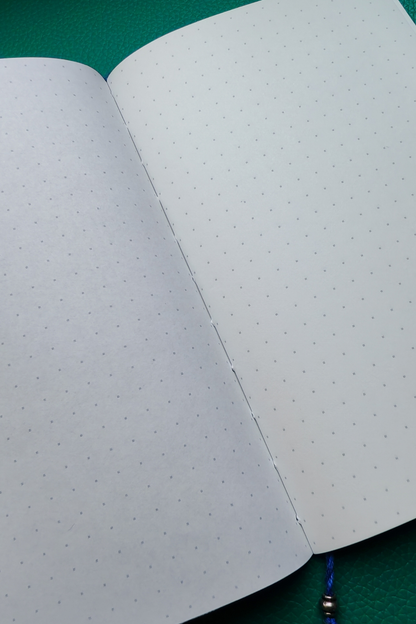 Open notebook with dot grid pages on a green surface