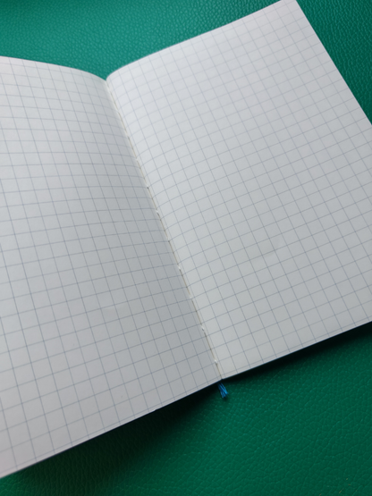 Open notebook with grid paper on a green surface