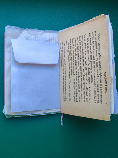 Open book with a white envelope inside on a green background