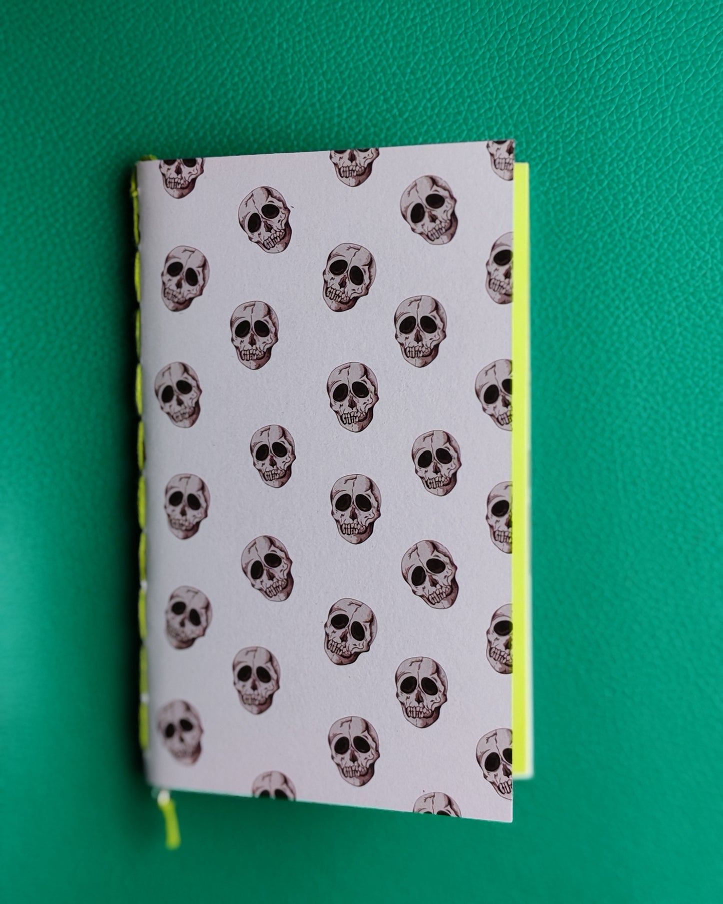 Notebook with skull pattern on a green background