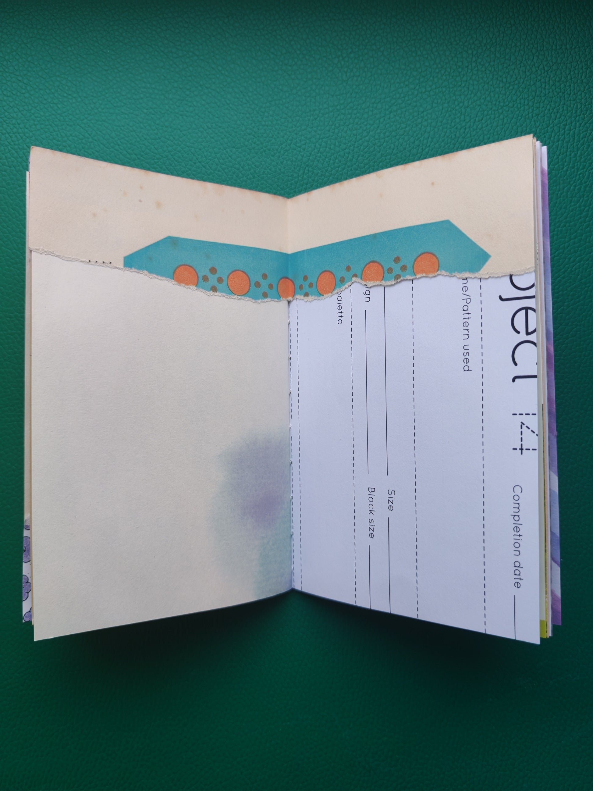 Open notebook with patterned paper and embellishment on a green background