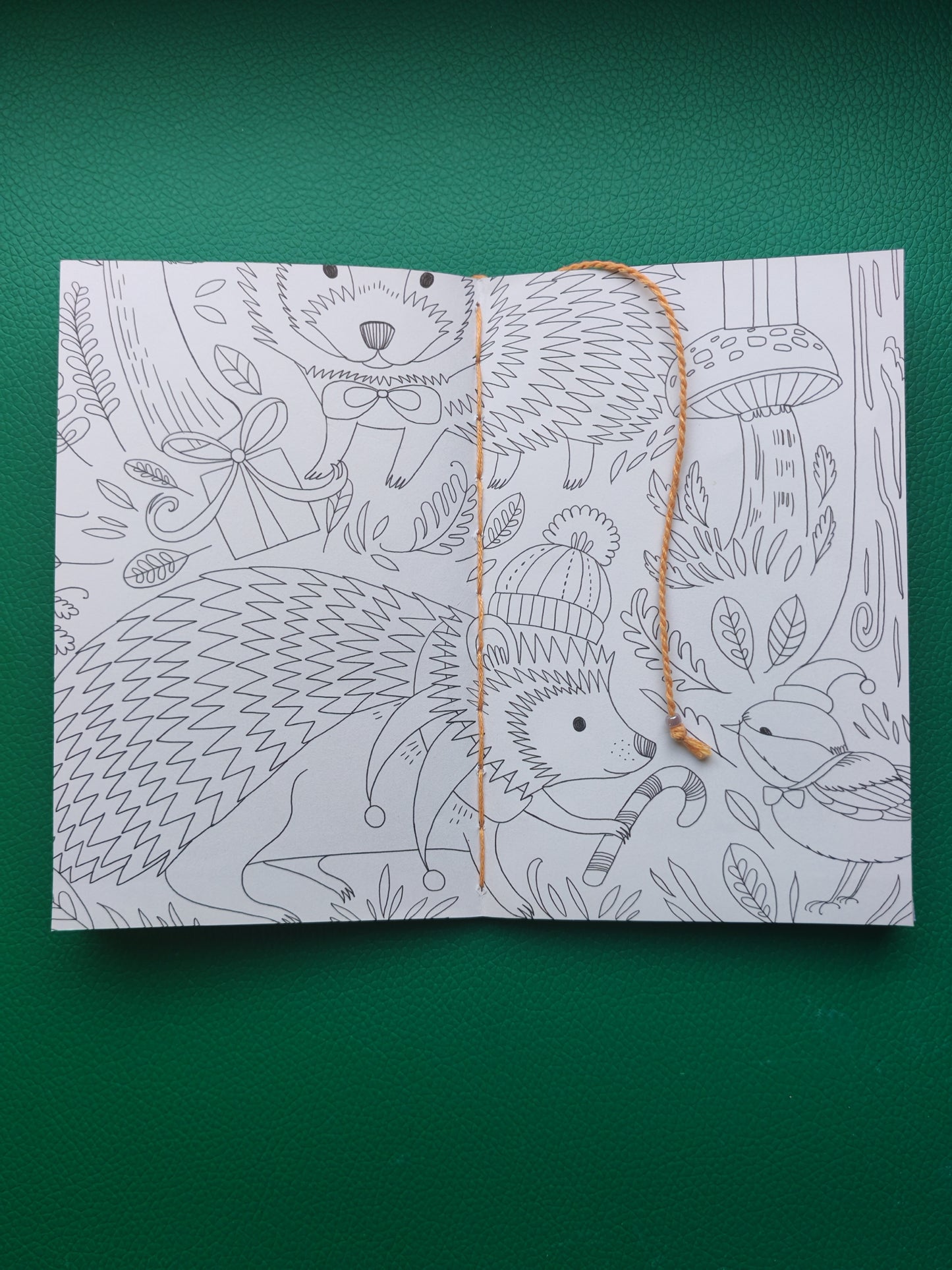 Open book with hedgehog illustrations on a green background