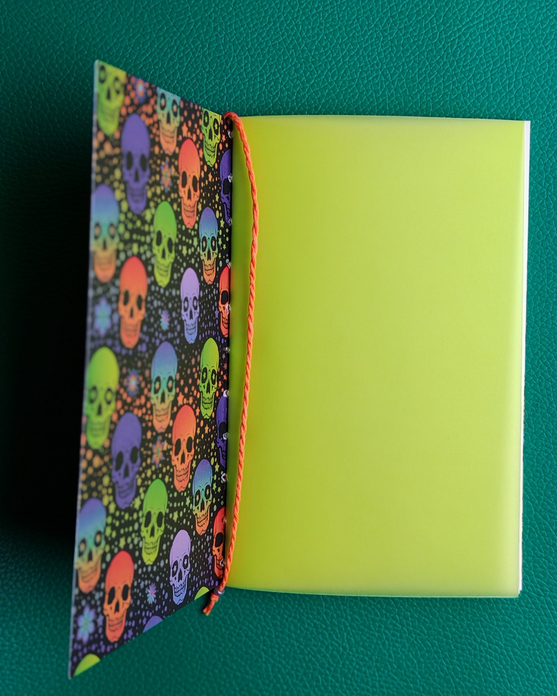 Notebook with colorful skull pattern on the cover against a green background