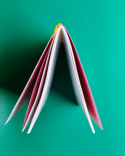 Top view of a notebook standing on  green background