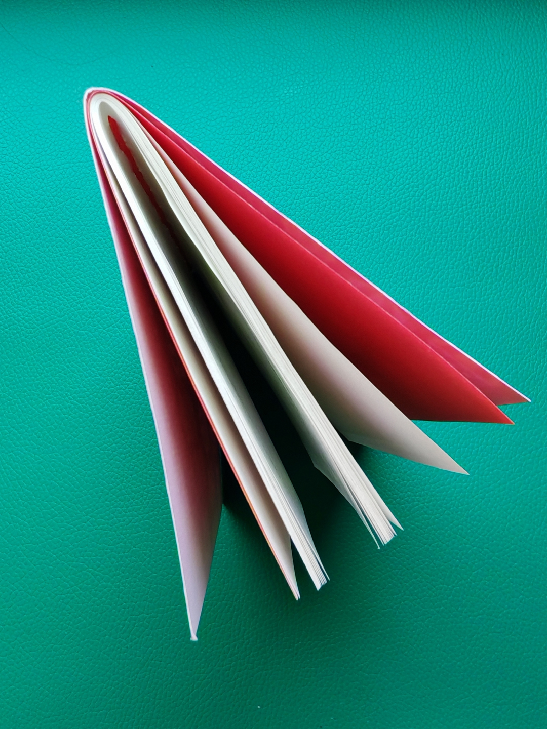 Notebook standing on desk, photographed from above
