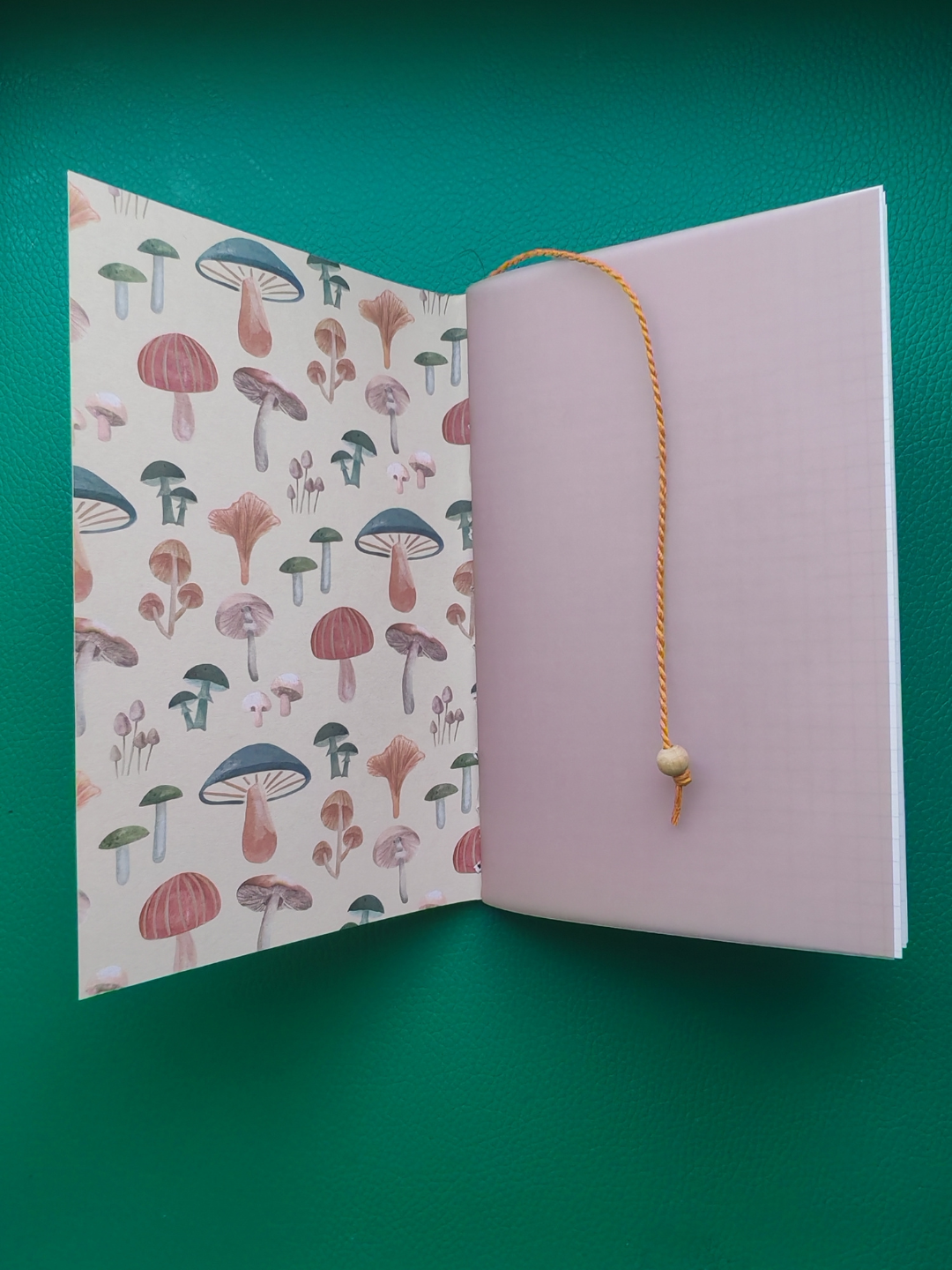 Open notebook with mushroom pattern on the left page and pink/brown interior on the right, against a green background.