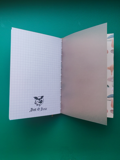 Open notebook with grid pages on a green background