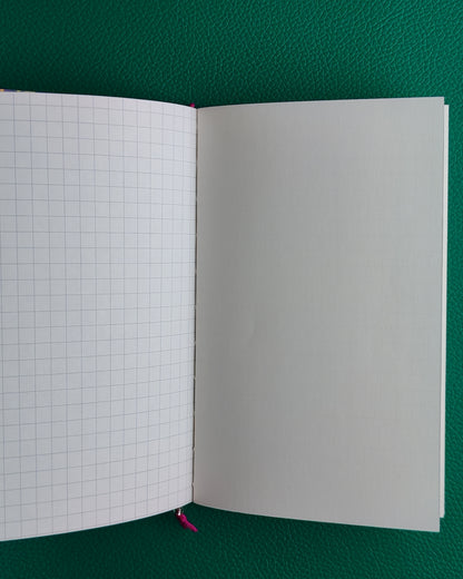 Open notebook with iroful paper, grid and plain pages on a green background