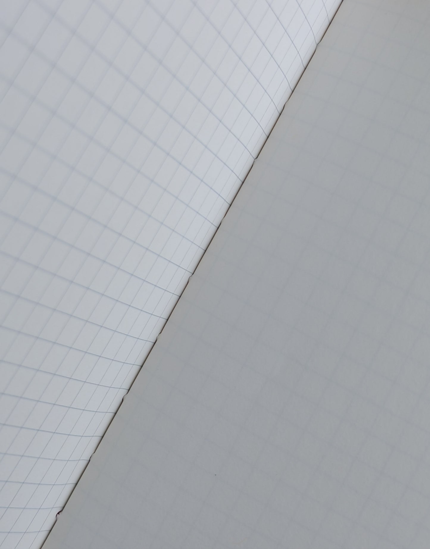 Two pages meeting at the fold, one with grid lines and the other plain white
