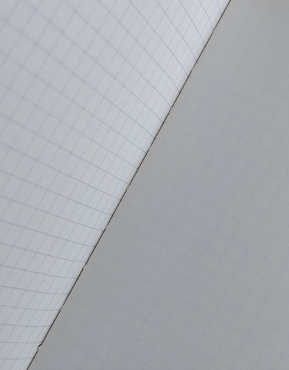 Two pages meeting at the fold, one with grid lines and the other plain white