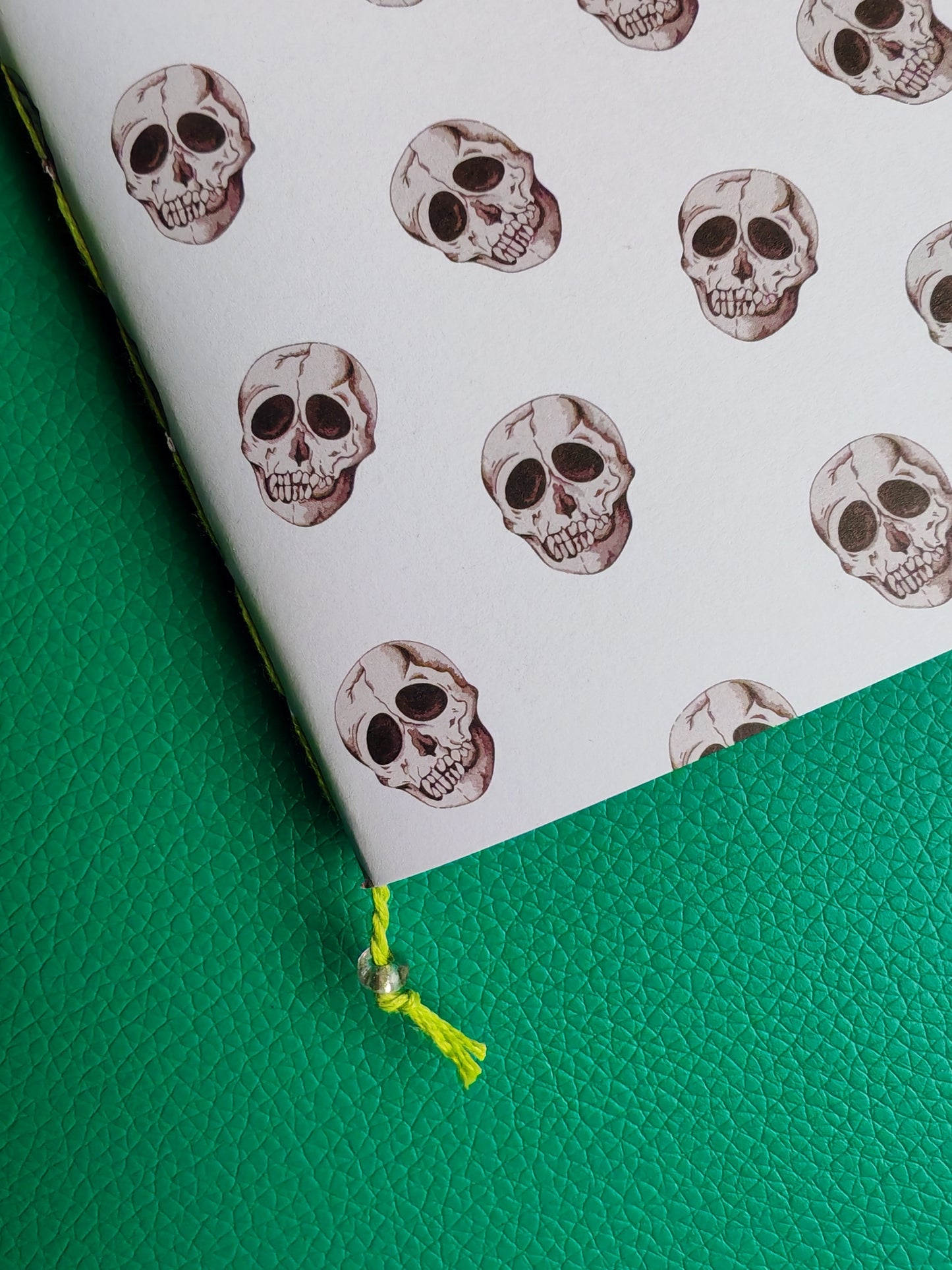 Notebook with skull pattern on a green surface